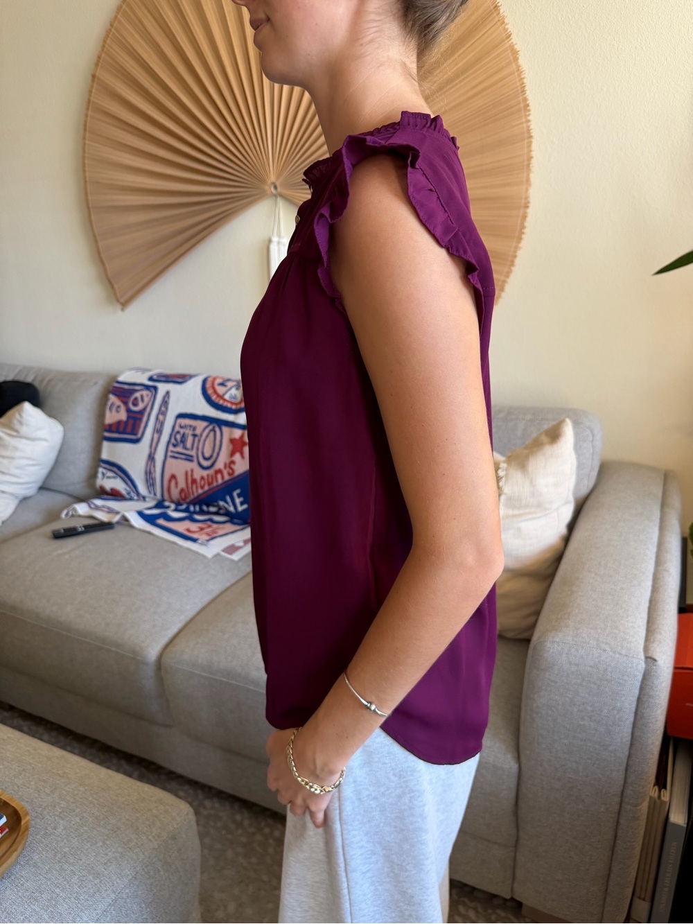 LOFT Plum Ruffle Cap Sleeve Shell Top - Picture 2 of 3